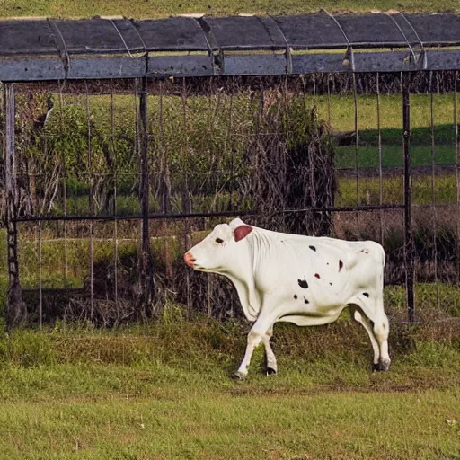 Image similar to cow running from a cage to a countryside