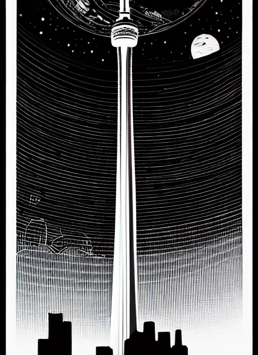 Prompt: cn tower, extremely detailed, bold line art, by vincent di fate and joe fenton and artgerm, toronto, inking, etching, screen print, inkblots of color, masterpiece, trending on artstation, sharp, high contrast, hyper realistic, hd, 4 k, 8 k