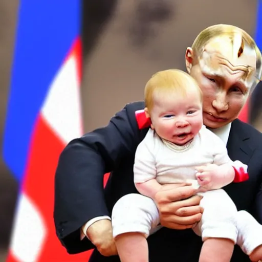 Prompt: Putin giving baby trump a piggyback ride, baby trump has a full trump haircut