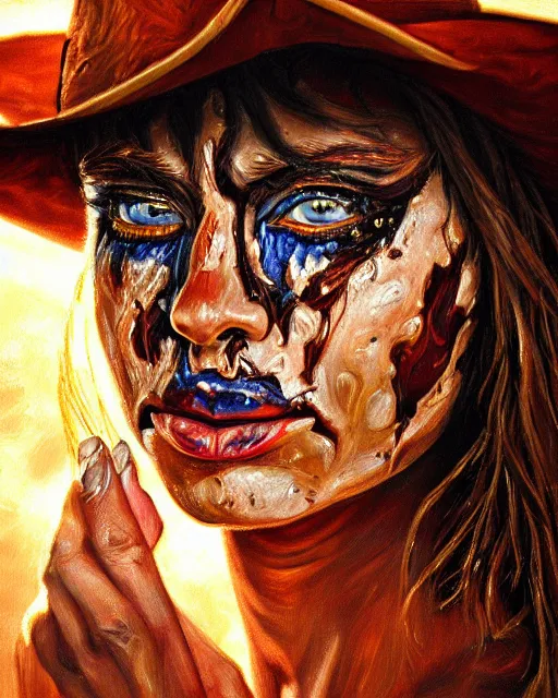 Prompt: oil painting portrait of scarred cowgirl with with burning glowing eyes, high production value, intricate details, high resolution, hdr, high definition, masterpiece, realistic, ultrarealistic, highly detailed, hd, sharp focus, non blurry, sharp, smooth