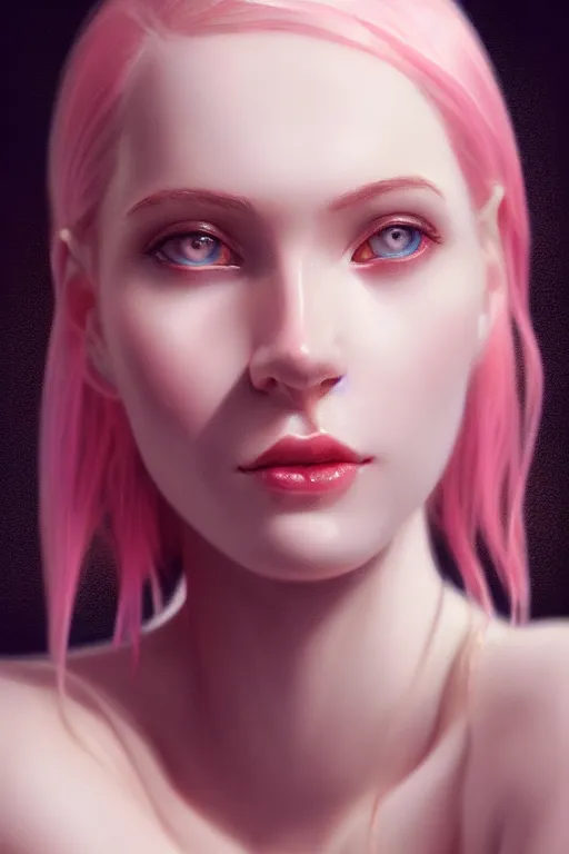 Prompt: Portrait of a beautiful pale skin Nordic female with short pink hair, elegant, photorealistic, highly detailed, artstation, smooth, sharp focus, gold ornaments, neon lighting, sci-fi, art by Klimt.