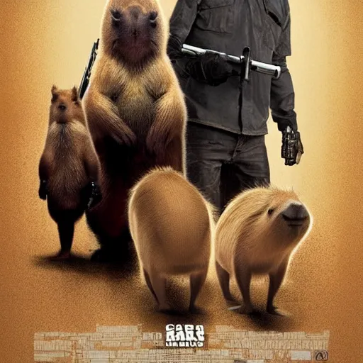 Prompt: movie poster about capybaras, action movie poster, realistic capybaras