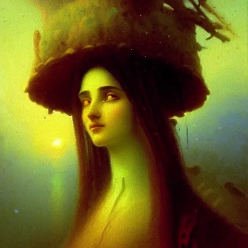 Prompt: detailed portrait of a beautiful fungal priestess, art by Ivan Aivazovsky