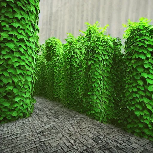 Prompt: photo realistic, high level of detail, high resolution : ( subject = steel pillar and ( object = vines + object detail = green, lush ) ) + ( perspective = diminishing scale + low focal point, low focus distance )