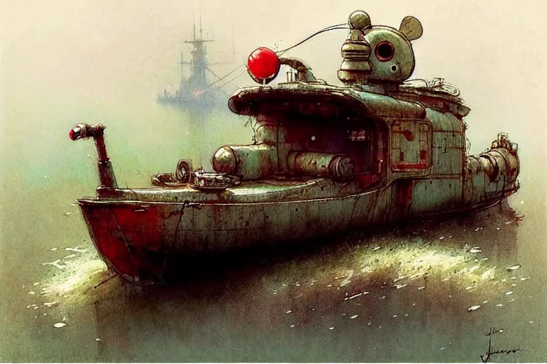 Prompt: adventurer ( ( ( ( ( 1 9 5 0 s retro future robot android mouse house boat tug boat calm stream. muted colors. ) ) ) ) ) by jean baptiste monge!!!!!!!!!!!!!!!!!!!!!!!!! chrome red