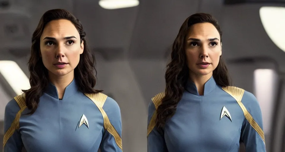 Image similar to Gal Gadot, in full starfleet uniform, is the captain of the starship Enterprise in the new Star Trek movie