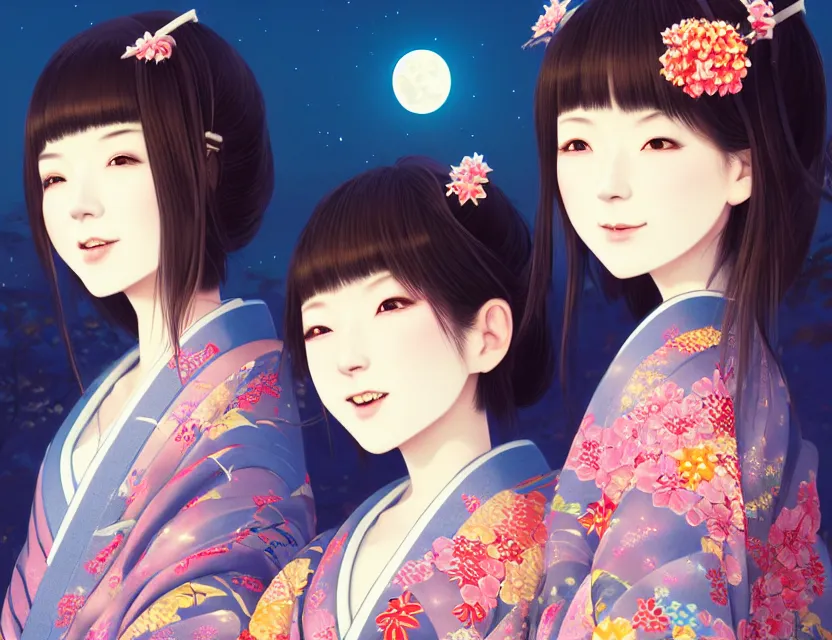 Image similar to two beautiful charming japan girls wear arty kimono in festival | | sunny night, full moon, dreamlike art, realistic shaded, smile, good looking, hyper details, 4 k realistic, cryengine, realistic shaded lighting poster by ilya kuvshinov, fuji choko, ross tran, 8 k resolution, trending on artstation, luxury