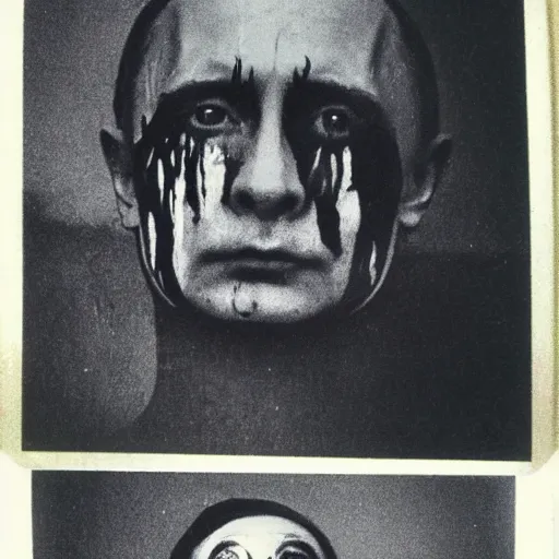 Prompt: vladimir putin scared leaking skin radiation, polaroid black and white picture, night, glowing eyes, creepypasta, in forest beautiful hydrogen bomb explosion in back 1 9 th century, scary horrifying satanic ritual,