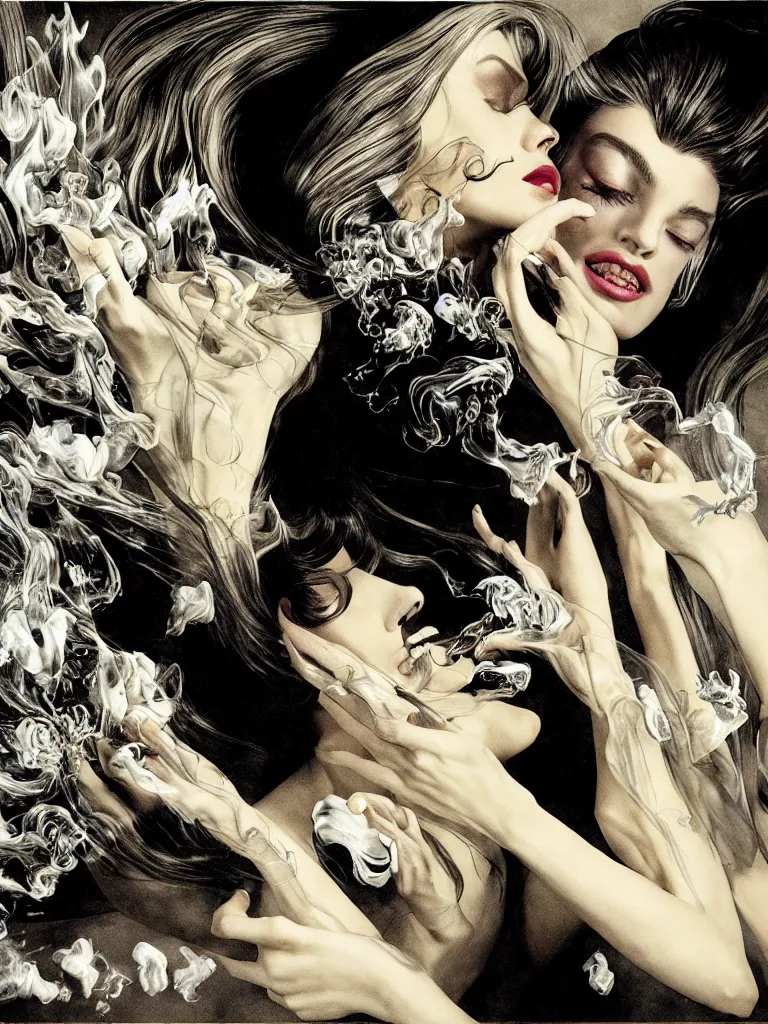 Prompt: fragrance advertising campaign by bernie wrightson, initricate