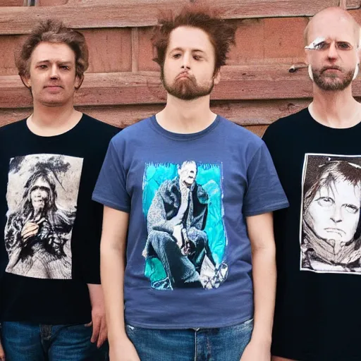 Prompt: Shop silk-screening t-shirts with images of rock bands