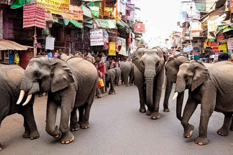 Image similar to elephants walking through an street market in India