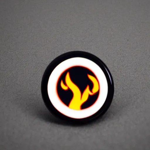 Image similar to an award - winning photograph of retro minimalistic clean fire flames warning label enamel pin, beautiful cinematic light, behance