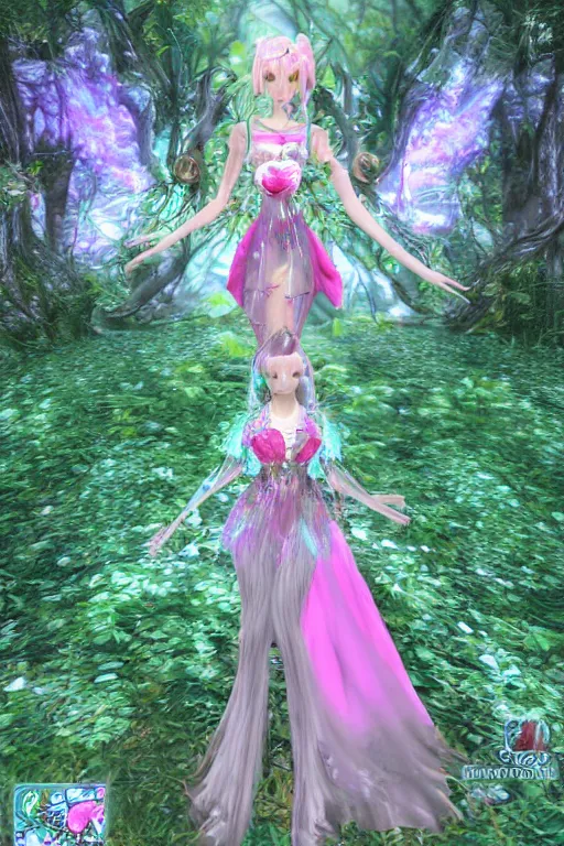 Prompt: cute female forest spirit wearing floral cybernetic hungarian valentino resort mystical angelic dress in a 3 d psx ps 2 jrpg style, overgrown esoteric cyber cathedral sanctuary, fashion gameplay screenshot, highly detailed, morning pink gold light