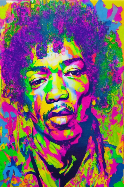 Image similar to Jimi Hendrix acrylic paint pour, marbling, graffiti, very detailed, large white border, 144x144 canvas, hd, high resolution print :1 CMYK :1