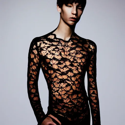 Prompt: a portrait of a beautiful young male wearing an alexander mcqueen bodysuit made of silk lace , photographed by andrew thomas huang, artistic