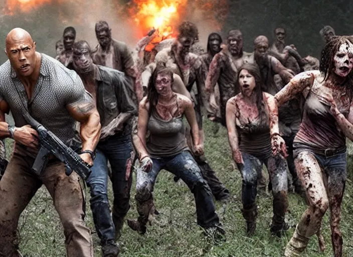 Image similar to film still of dwayne the rock johnson surrounded by zombies in the new walking dead tv series, 4 k