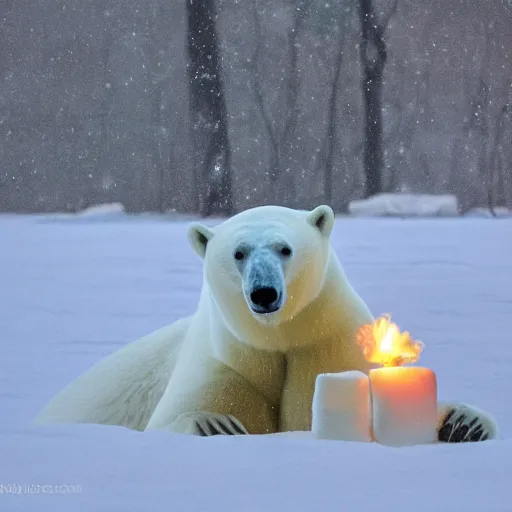 Prompt: a polar bear enjoying some white marshmallows in a blizzard. award - winning photograph, national geographic cover.