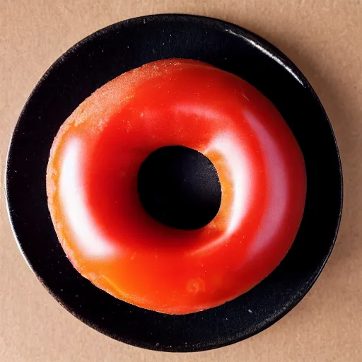 Image similar to Perfectly circular donut!!!!! in the style and shape of a tomato!!!!!!, blended colors!!!!!, trending on artstation, 4k, 8k, professional photography, overhead shot, 35mm lens