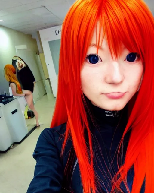 Image similar to asuka langley soryu takes a selfie in real life, asuka langley soryu cosplay, real life photo picture, award winning photograph