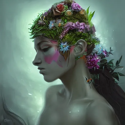 Prompt: Portrait of a dark fantasy nymph, flowers and plants surrounding, stunning, concept art, artstation, dramatic lighting, minimalism
