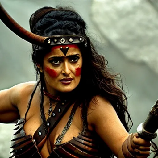 Prompt: salma hayek as a barbarian warrior, battle scene