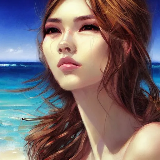 Prompt: portrait of beautiful woman on the beach, color dodge, by wlop, rossdraws, artgerm.