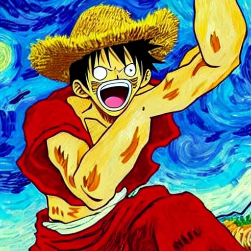 Image similar to Luffy from One Piece fist fights Jesus, in the style of a Van Gogh painting