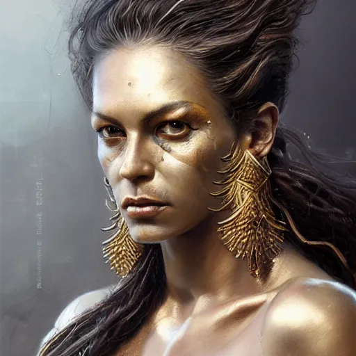 Image similar to detailed oil portrait of tall muscular bronze - skinned warrior woman with shining silver eyes, with long flowing black hair and big gold earrings, jewelry, makeup, feminine, volumetric lighting, dynamic composition, art by sachin teng and sergey kolesov and ruan jia and heng z, scifi, concept art