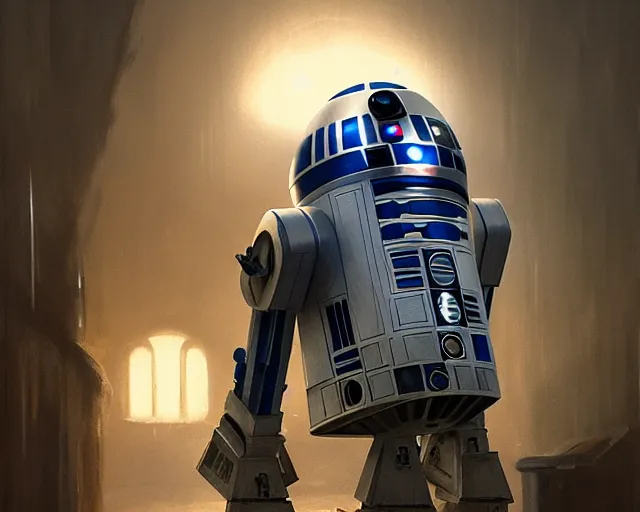 Image similar to photo of dave bautista as r 2 d 2. dark atmosphere. art by greg rutkowski. highly detailed 8 k. intricate. lifelike. soft light. nikon d 8 5 0.