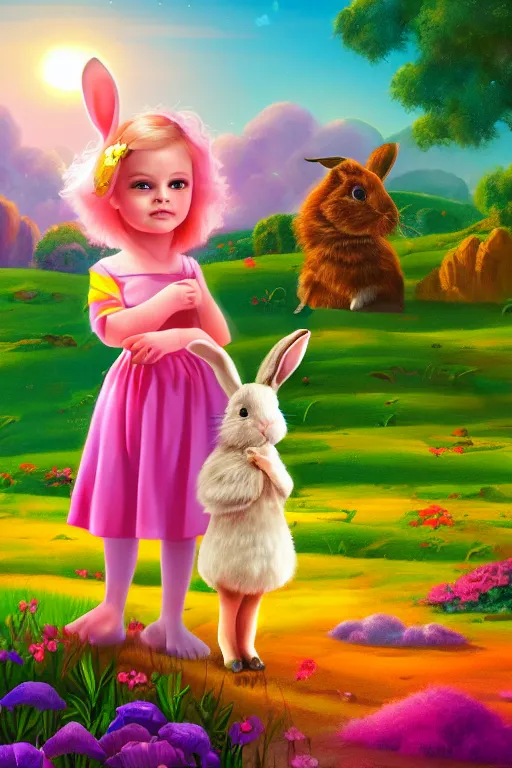 Prompt: matte sharp painting cute little girl and rabbit landscape painted by mark rydel artstation behance storybook lisa frank