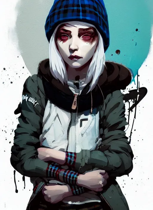 Image similar to highly detailed closeup portrait of a sewer punk lady student, beanie, tartan hoodie, white hair by atey ghailan, by greg rutkowski, by greg tocchini, by james gilleard, by joe fenton, by kaethe butcher, gradient, blue, black, brown and cream color scheme, grunge aesthetic!!! white graffiti tag wall background