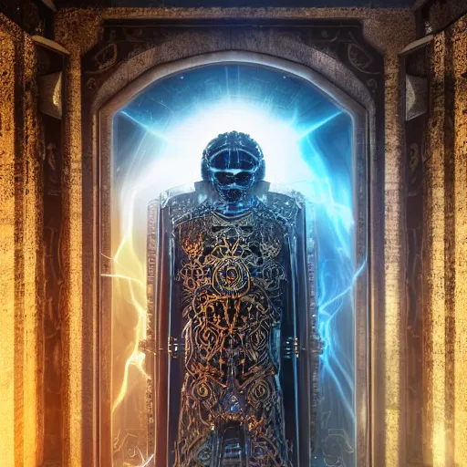 Prompt: an intricate and detailled render of the last gatekeeper, standing in front of the door of time glowing from it's magic plasma, by tivadar csontvary kosztka,, trending on art station, + soft illumination, intricate detail, highly detailed, atmospheric, hades, rendered in octane, slav epic