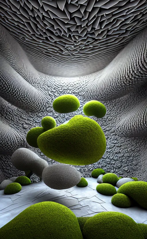 Image similar to highly detailed ultra sharp 3 d render villa interior cinematic composition of a smooth ceramic porcelain biomorphic magnolia stone nebula fluid fractal sci - fi surreal architecture landscape, granite, metallic, magnesium, marble, moss and lichen, vincent callebaut composition, mamou - mani, archviz, beautiful lighting, 8 k, unreal engine, hdr,