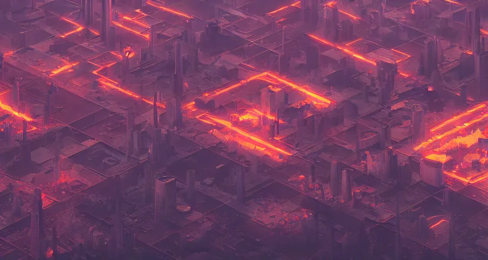 Prompt: a city made out of magma, rendered by simon stalenhag, beeple, makoto shinkai, syd meade, environment concept, digital art, unreal engine, wlop, trending on artstation, low level, 4 k uhd image, octane render,