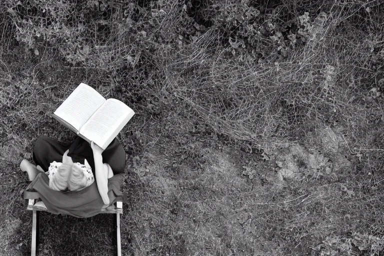 Prompt: A photograph of a woman reading a book while sitting on a bench in a clearing, next to the other vacant bench, looking down from above, black and white photo.ISO200,F4.5,80mm,1/30,Nikon D3.