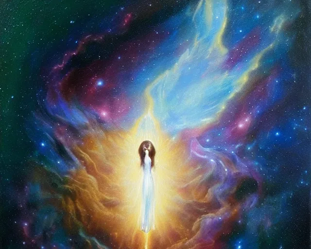 Image similar to cosmic person nebula, an oil painting, by ( leonardo da vinci ) and greg rutkowski and rafal olbinski ross tran airbrush time magazine