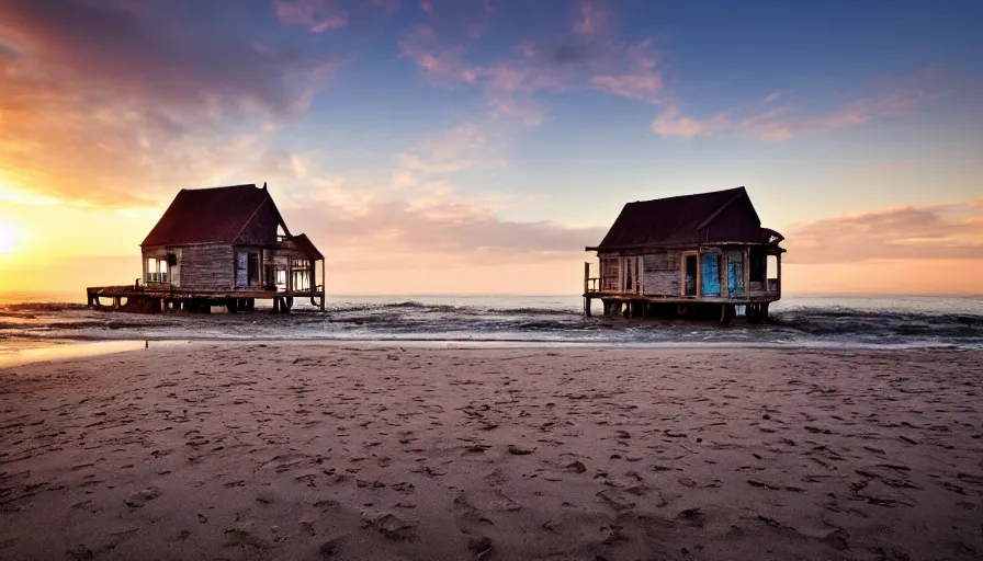 Image similar to a old house standing at a beach at sunset