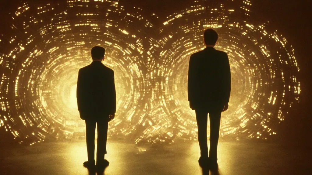 Image similar to movie scene of a man standing in front of a multiverse machine, movie still, cinematic composition, cinematic light, pastel color scheme, by david lynch and ridley scott