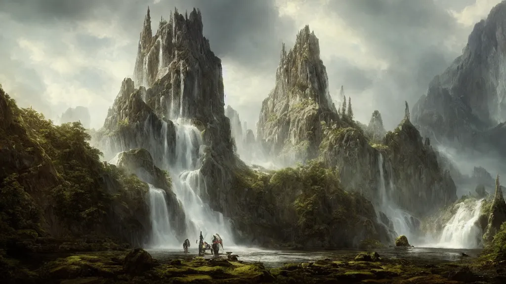 Prompt: elven massive tower near the great alpine waterfall. andreas achenbach, artgerm, mikko lagerstedt, zack snyder, tokujin yoshioka