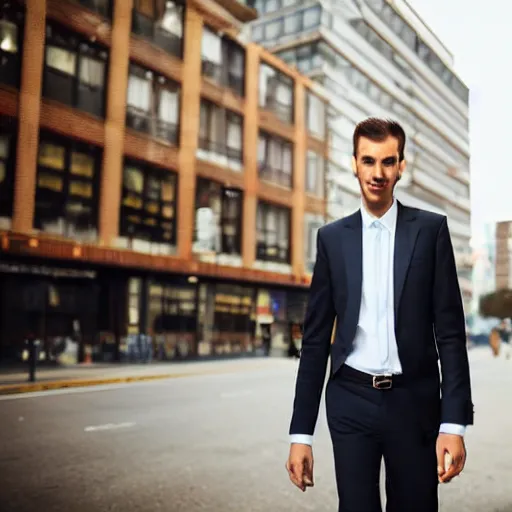 Image similar to portrait photograph of a very tall, elegantly dressed businessman walking through the city