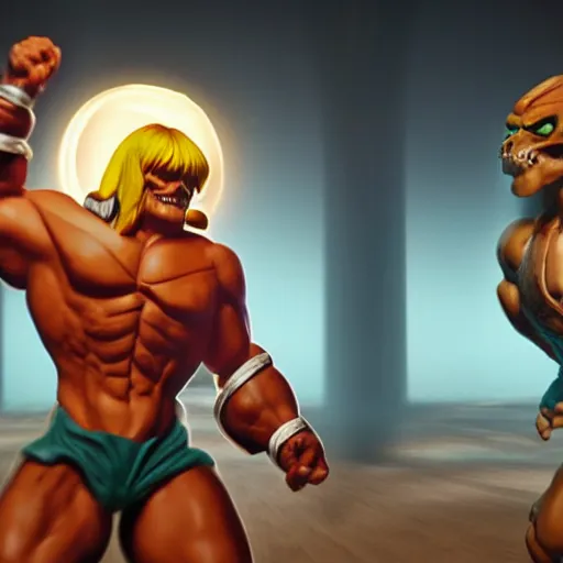 Prompt: He Man dancing with Skeletor, cinematic lighting, photorealistic