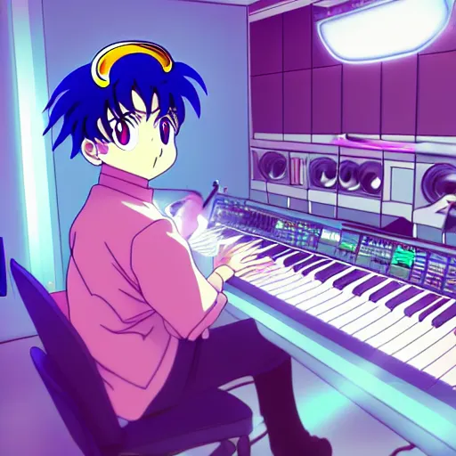 Image similar to An anime character working in their music studio. 90s anime, Sailor Moon, Neon Genesis, official art, flat cell shading, fantastic screenshot art, trending on artstation