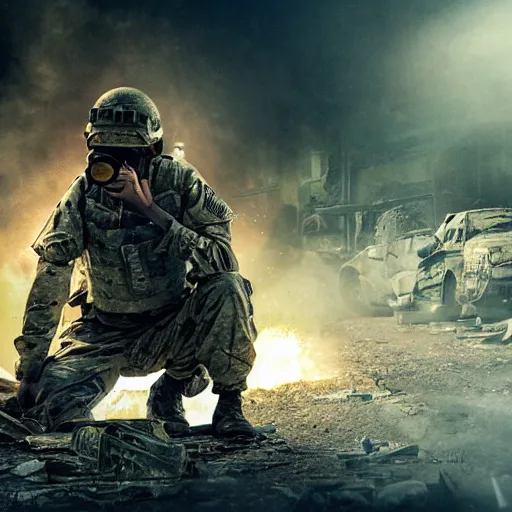 Image similar to an soldier hiding under cardboard box, in middle of war, explosion environment, post apocalyptic, cinematic