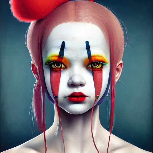 Image similar to breathtaking detailed painting of clown girl , with anxious, piercing eyes, Atari game cover art by Hsiao-Ron Cheng, James jean, Miho Hirano, Hayao Miyazaki, extremely moody lighting, hyperrealistic, octane render, RPG portrait, ambient light, dynamic lighting