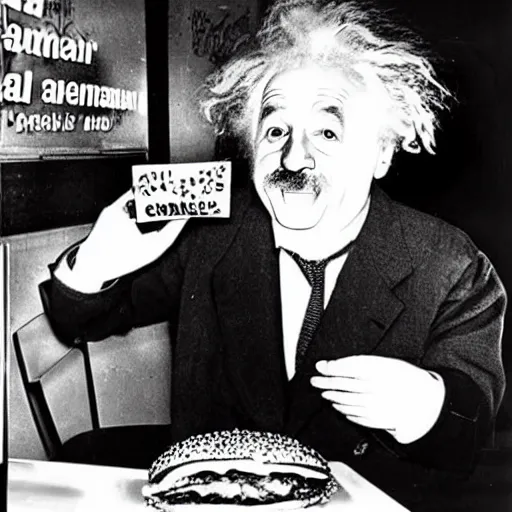 Prompt: CCTV footage of einstein stealing a gigantic hamburger from mcdonalds,