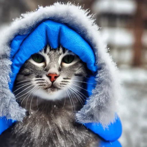 Prompt: a cat wearing a blue fluffy snow jacket with the hood pulled up, artistic portrait