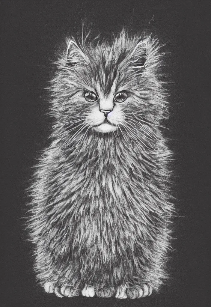 Image similar to fluffy cat with afro comb t - shirt design, by jules julien, dark grisaille monochrome neon spraypaint, ironic surrealism, hypebeast