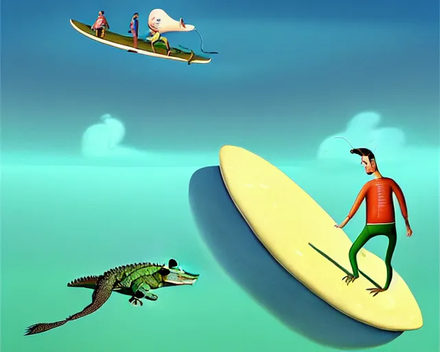 Image similar to a man surfing on a crocodile, funny cartoonish, by gediminas pranckevicius h 7 0 4, 8 k cartoon illustration, impressive perspective