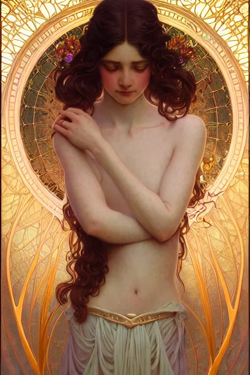 Image similar to portrait of a transcendental young fairy princess, d & d, fantasy, intricate, elegant, highly detailed, digital painting, artstation, concept art, smooth, sharp focus, illustration, art by artgerm and greg rutkowski, maxfield parrish and alphonse mucha, new art nouveau, tarot card