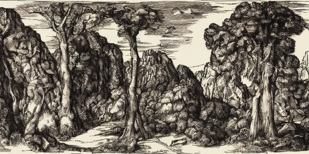 Image similar to A ready made by Marcel Duchamp, in a tropical forest by Albrecht Dürer, ink, engraving, 17th century, landscape